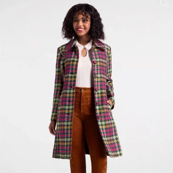 ModCloth Green and Pink Plaid Car Coat-XL - Picture 2 of 6